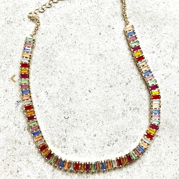 Gold Baguette Multicolor Rhinestone Choker Earrings Bracelet Matching Set 18k - Picture 12 of 13